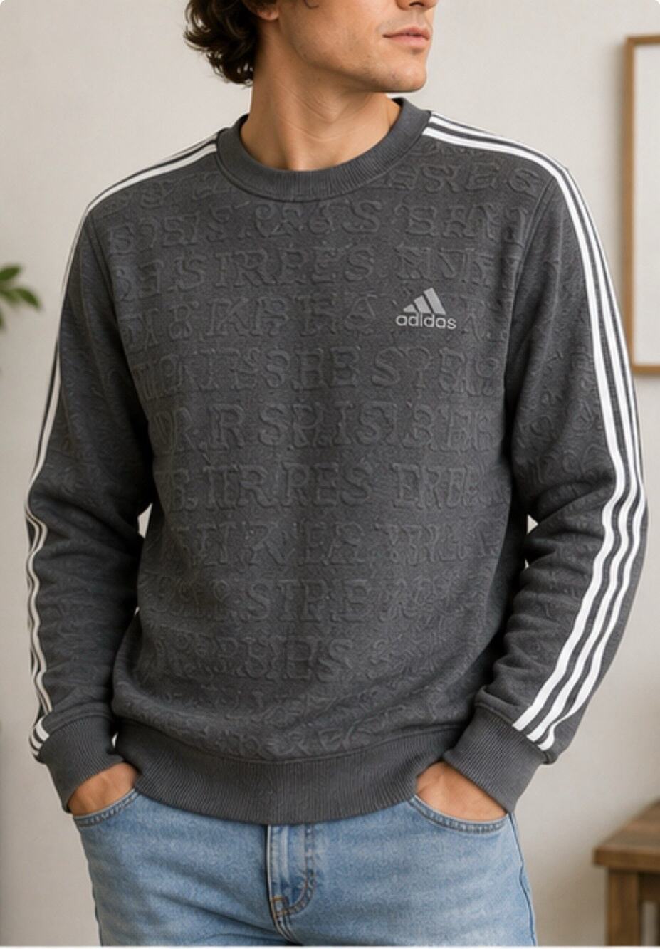 Adidas 3 Stripes Crewneck Sweatshirt Black Embossed Logo Men’s Small